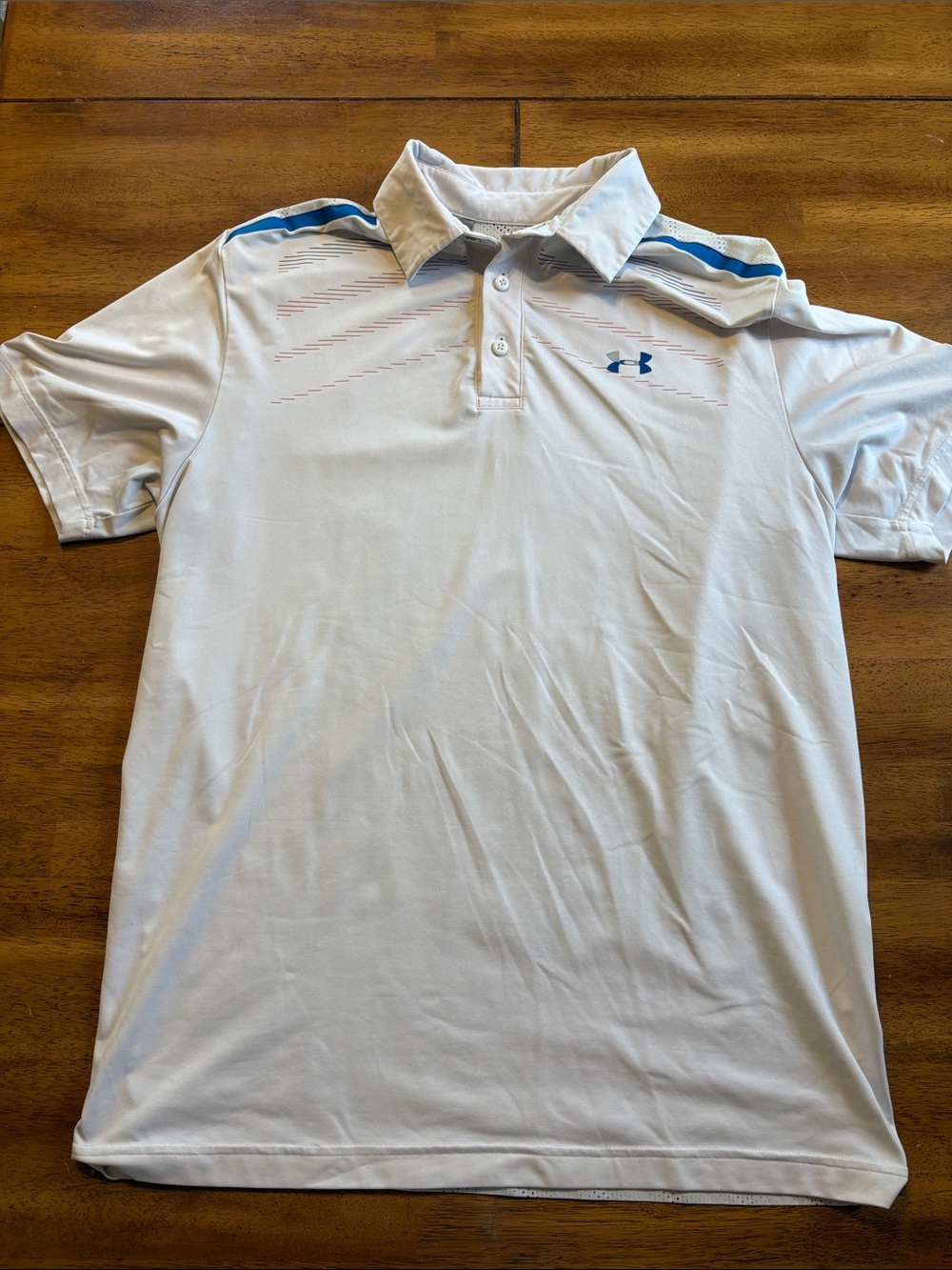 Under Armour White Polo with Blue Logo and Shoulder Stripes